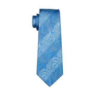 Sky Blue Paisley Silk Necktie Pocket Square Cufflinks Set