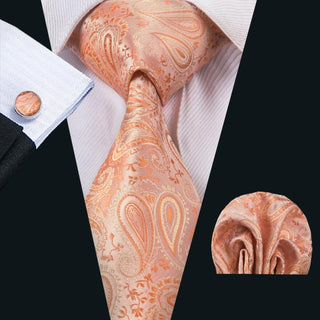 Light Orange Paisley Silk Necktie Pocket Square Cufflinks Set