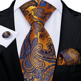 Orange Blue Paisley Silk Necktie Pocket Square Cufflinks Set