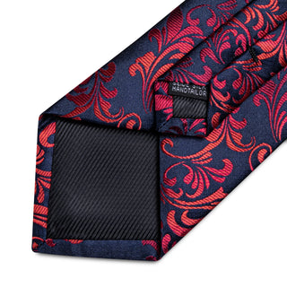 Red Floral Blue Silk Necktie Pocket Square Cufflinks Set