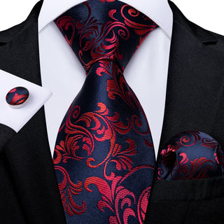 Red Floral Blue Silk Necktie Pocket Square Cufflinks Set