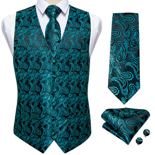 New Mint Green Paisley Silk Men's Vest Pocket Square Cufflinks Tie Set Waistcoat Suit Set