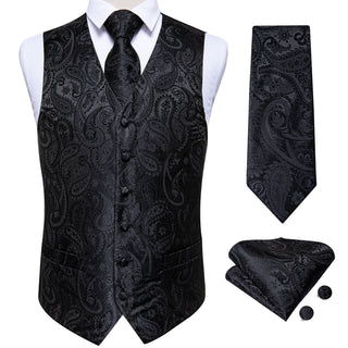 Luxury Solid Black Paisley Jacquard Silk Men's Vest Pocket Square Cufflinks Tie Set Waistcoat Suit Set