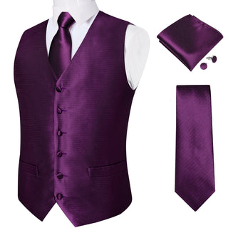 Solid Shining Purple Jacquard Silk Men's Vest Pocket Square Cufflinks Tie Set Waistcoat Suit Set