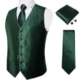 Solid Shining Green Jacquard Silk Men's Vest Pocket Square Cufflinks Tie Set Waistcoat Suit Set