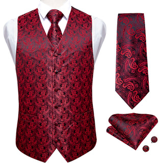 Luxury Black Red Paisley Jacquard Silk Men's Vest Pocket Square Cufflinks Tie Set Waistcoat Suit Set