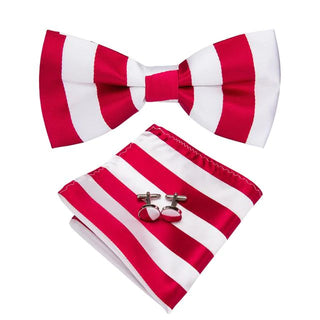 Red White Striped Pre-tied Bow Tie Pocket Square Cufflinks Set