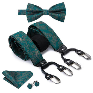 Dark Green Floral Brace Clip-on Men's Suspenders with Bow Tie Set