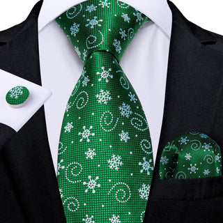 Green Snowflake Christmas Silk Necktie Pocket Square Cufflinks Set