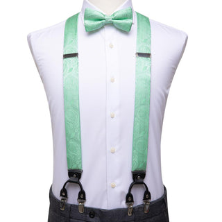 Light Green Paisley Brace Clip-on Men's Suspenders with Bow Tie Set