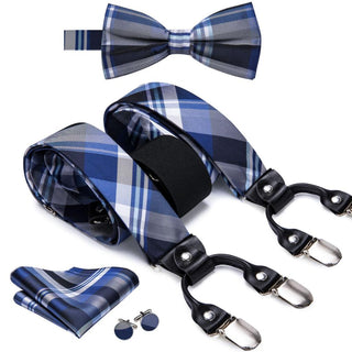 Blue Black Plaid Brace Clip-on Men's Suspenders with Bow Tie Set