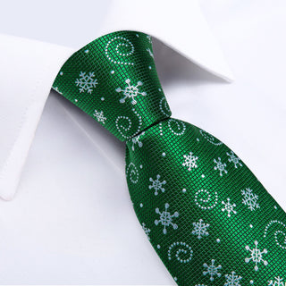 Green Snowflake Christmas Silk Necktie Pocket Square Cufflinks Set
