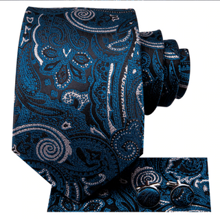 Dark Blue Black Floral Silk Necktie Pocket Square Cufflinks Set