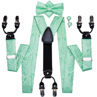 Light Green Paisley Brace Clip-on Men's Suspenders with Bow Tie Set
