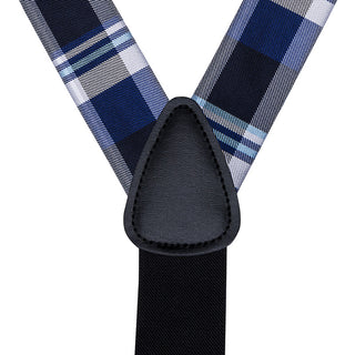 Blue Black Plaid Brace Clip-on Men's Suspenders with Bow Tie Set