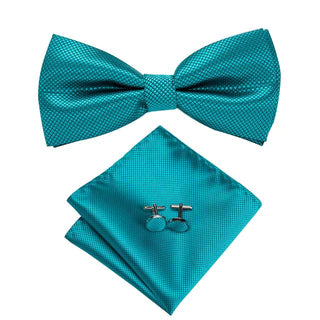 Teal Solid Blue Green Pre-tied Bow Tie Pocket Square Cufflinks Set