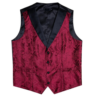 Red Paisley Jacquard V Neck Silk Vest Pocket Square Cufflinks Tie Set Waistcoat Suit Set