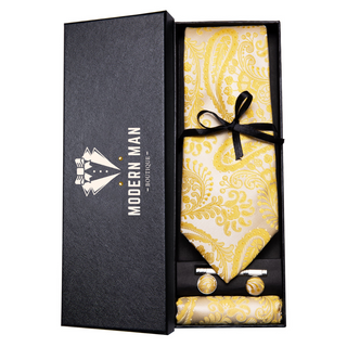 Yellow Gold Floral Paisley Silk Necktie Pocket Square Cufflinks Set