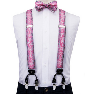 Pink Paisley Brace Clip-on Men's Suspenders with Bow Tie Set