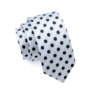 White Black Polka Dot Silk Necktie Pocket Square Cufflinks Set