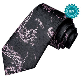 Black Pink Floral Silk Necktie Pocket Square Cufflinks Set Neckties