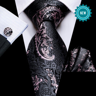 Black Pink Floral Silk Necktie Pocket Square Cufflinks Set + Neckties