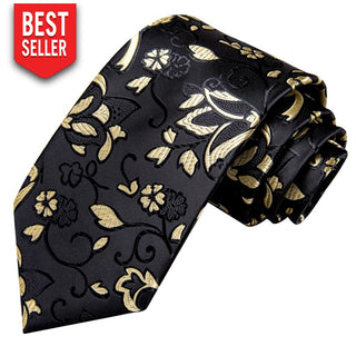 Black Yellow Floral Silk Necktie Pocket Square Cufflinks Set Neckties