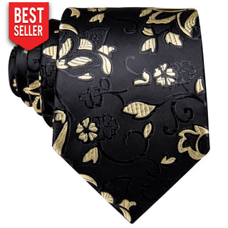 Black Yellow Floral Silk Necktie Pocket Square Cufflinks Set Neckties