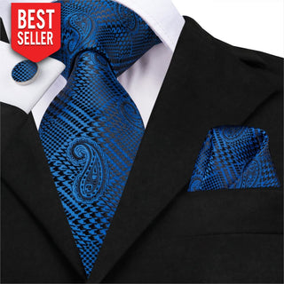 Blue Sapphire Paisley Silk Necktie Pocket Square Cufflinks Set + Handkerchief Neckties