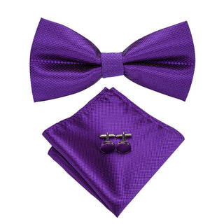 Solid Purple Pre-tied Bow Tie Pocket Square Cufflinks Set