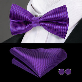Solid Purple Pre-tied Bow Tie Pocket Square Cufflinks Set