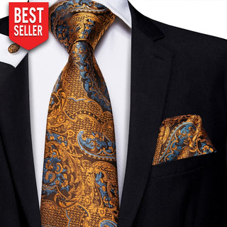 Gold Fashion Luxury Paisley Silk Necktie Pocket Square Cufflinks Set Neckties