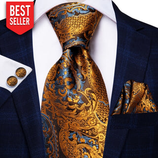 Gold Fashion Luxury Paisley Silk Necktie Pocket Square Cufflinks Set