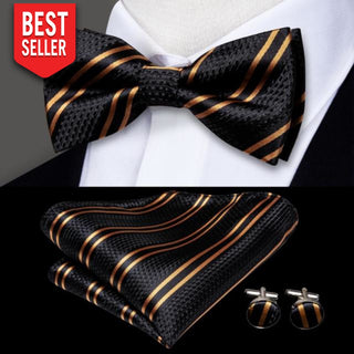 Golden Black Striped Pre-Tied Bow Tie Pocket Square Cufflinks Set