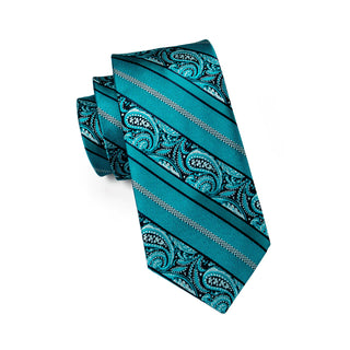 New Teal Paisley Silk Necktie Pocket Square Cufflinks Set