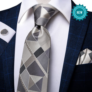 Grey Plaid Silk Mens Necktie Pocket Square Cufflinks Set + Neckties