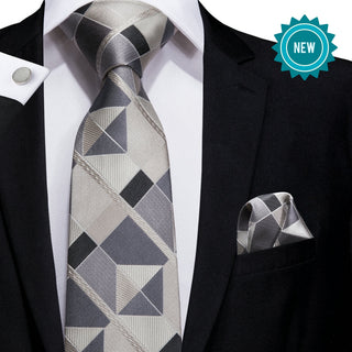 Grey Plaid Silk Mens Necktie Pocket Square Cufflinks Set Neckties