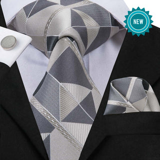 Grey Plaid Silk Mens Necktie Pocket Square Cufflinks Set Neckties
