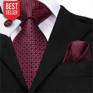 Luxury Wine Red Silk Tie Pocket Square Cufflinks Set Necktie + Neckties