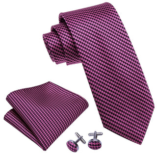 New Dark Purple Striped Plaid Silk Necktie Pocket Square Cufflinks Set Neckties