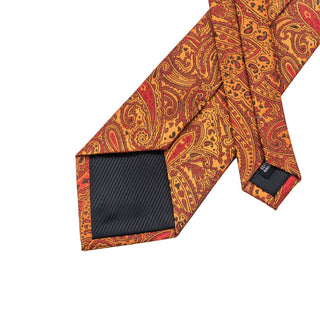 Yellow Orange Paisley Silk Necktie Pocket Square Cufflinks Set