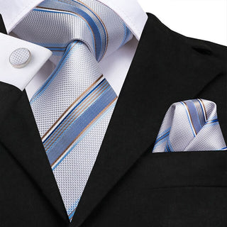 Silver Grey Blue Gold Striped Silk Necktie Pocket Square Cufflinks Set