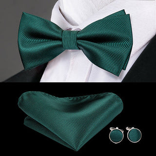 Solid Dark Green Pre-tied Bow Tie Pocket Square Cufflinks Set