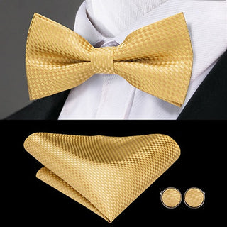 Golden Yellow Plaid Pre-tied Bow Tie Pocket Square Cufflinks Set