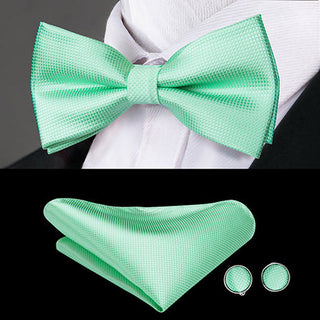 Turquoise Solid Green Pre-tied Bow Tie Pocket Square Cufflinks Set
