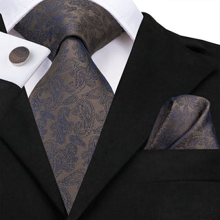 Grey Paisley Silk Tie Pocket Square Cufflinks Set