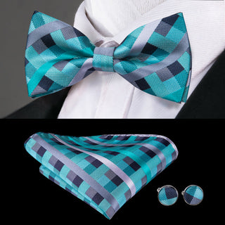 Turquoise Green Plaid Pre-tied Bow Tie Pocket Square Cufflinks Set