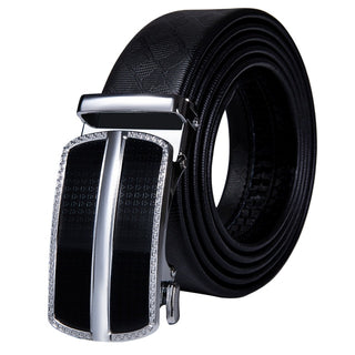 Silver One Line Design Black Genuine Leather Belt