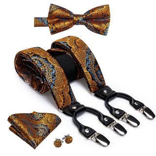 Luxury Golden Paisley Brace Clip-on Men's Suspenders with Bow Tie Set