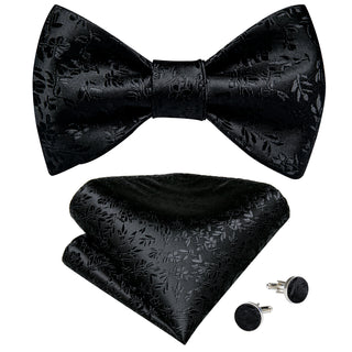 Solid Black Floral Bow Tie Pocket Square Cufflinks Set